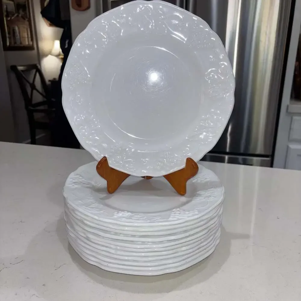 Vintage Indiana Glass Colony Harvest Grape White Milk Glass Dinner Plates (12)